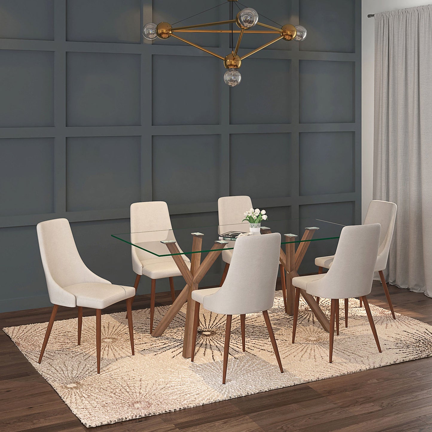 Stark/Cora 7pc Dining Set in Walnut with Beige Chair