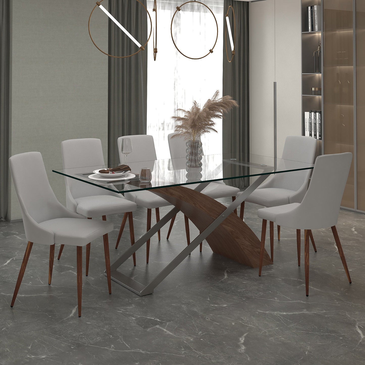 Veneta/Cora 7pc Dining Set in Walnut with Light Grey Chair