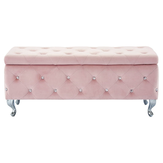 Monique Rectangular Storage Ottoman Bench in Blush Pink and Chrome