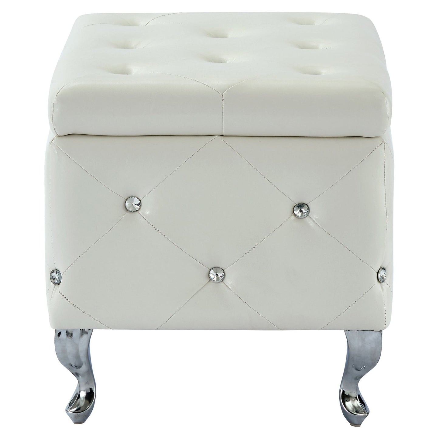 Monique Square Storage Ottoman in White and Chrome