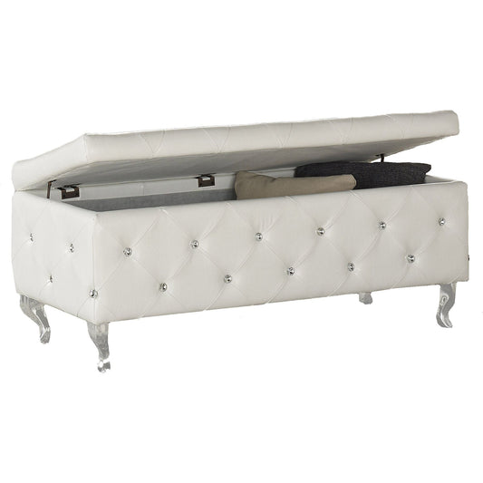 Monique Rectangular Storage Ottoman Bench in White and Chrome