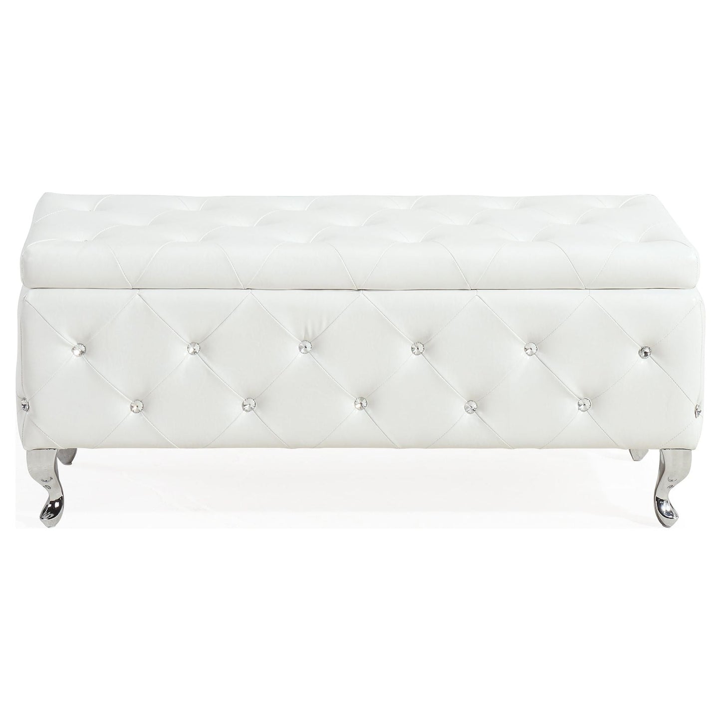 Monique Rectangular Storage Ottoman Bench in White and Chrome