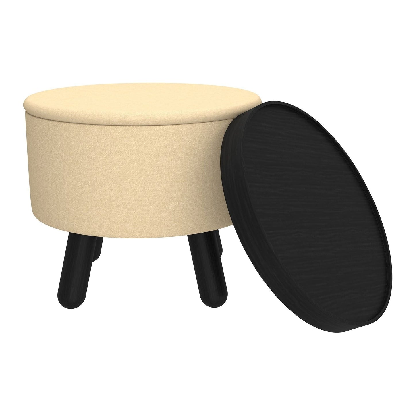 Betsy Round Storage Ottoman with Tray in Beige and Black