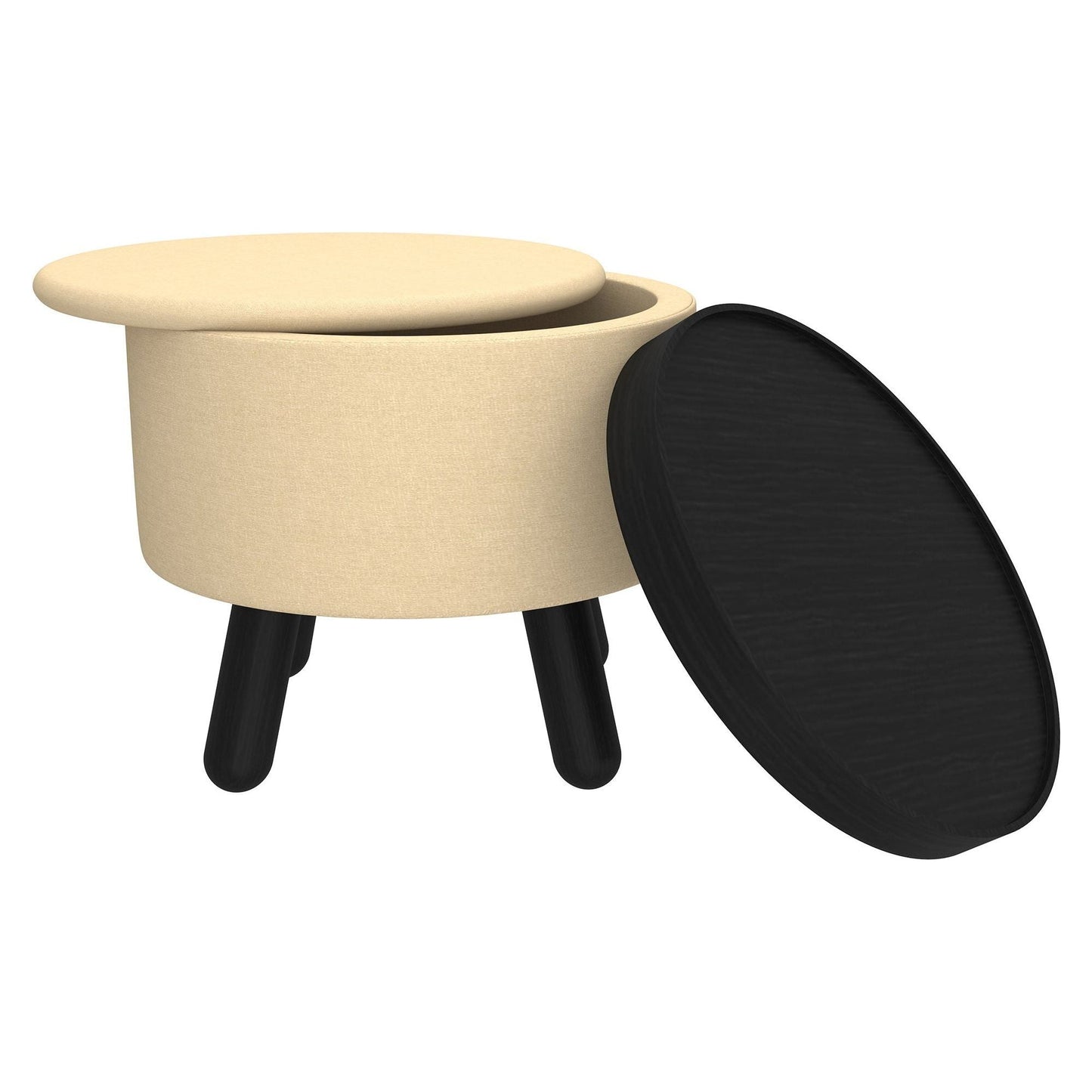 Betsy Round Storage Ottoman with Tray in Beige and Black