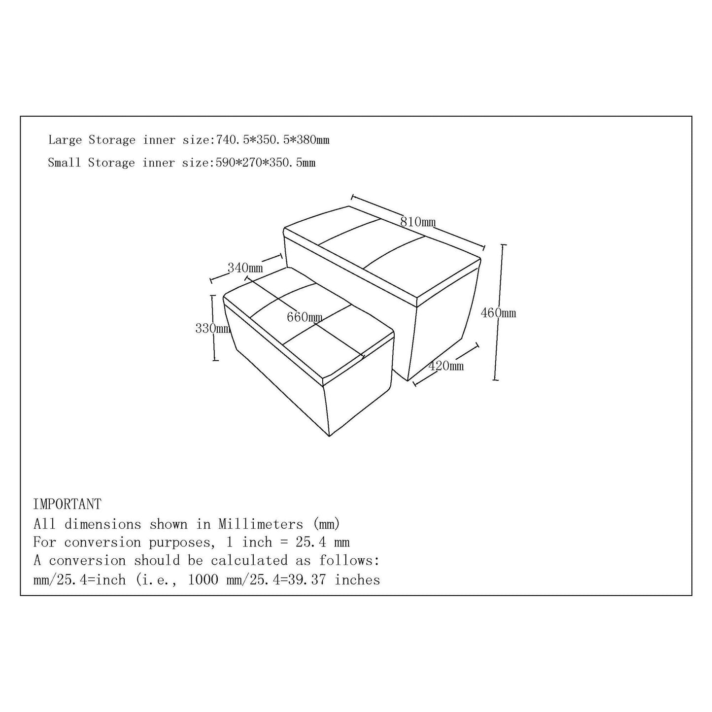 Levi 2pc Rectangular Storage Ottoman Bench Set