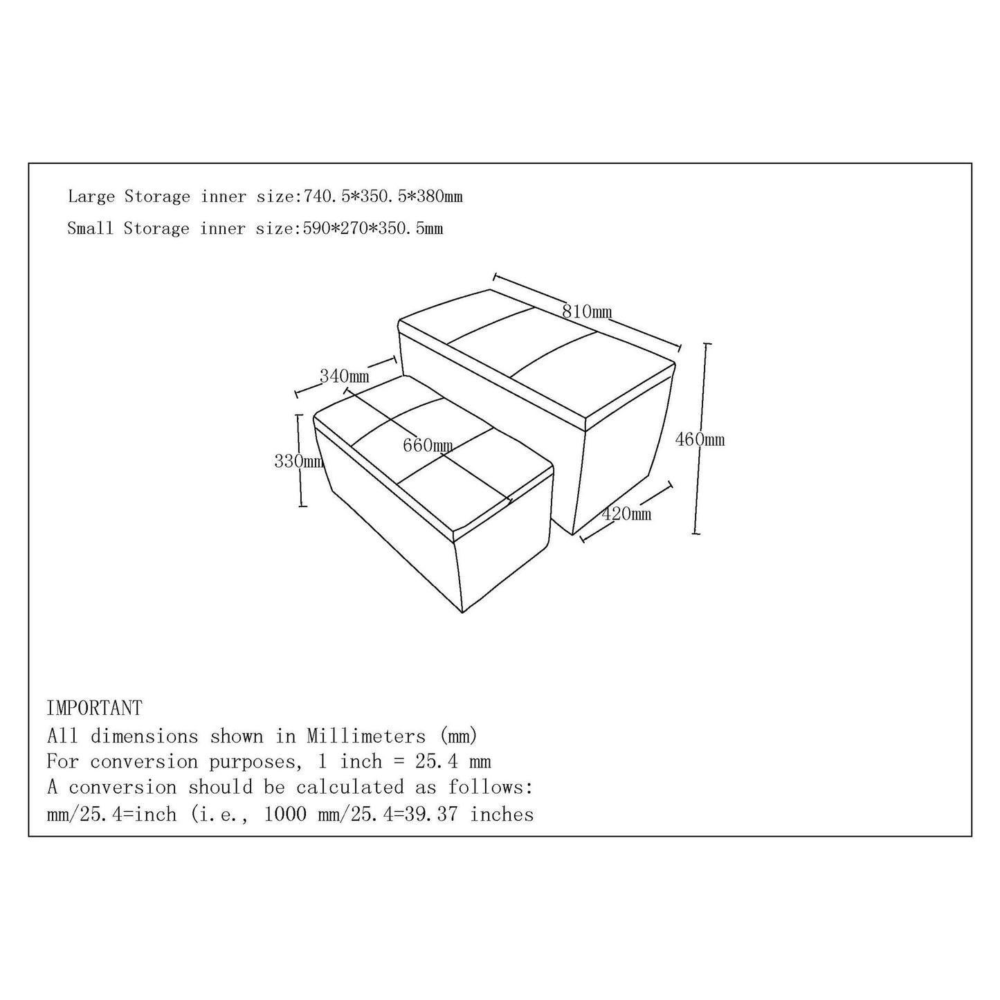 Levi 2pc Rectangular Storage Ottoman Bench Set