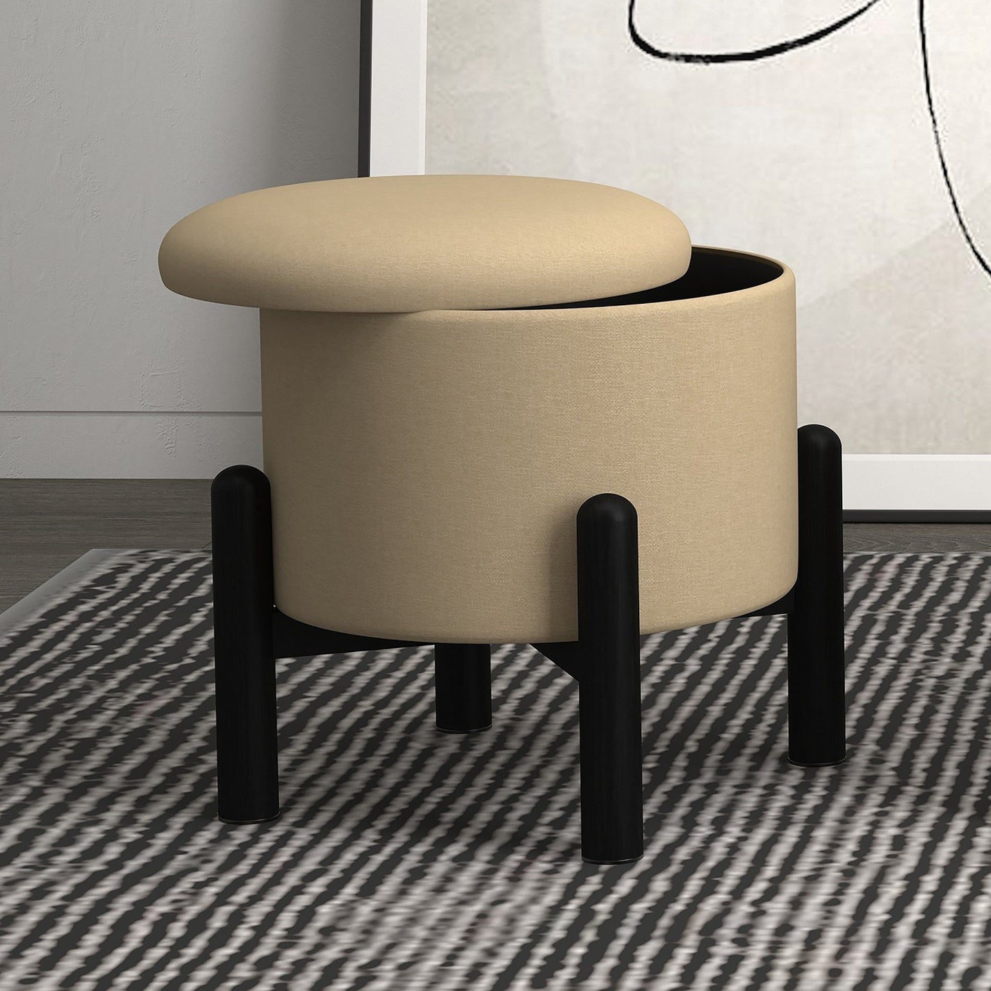 Heidi Round Storage Ottoman in Beige and Black