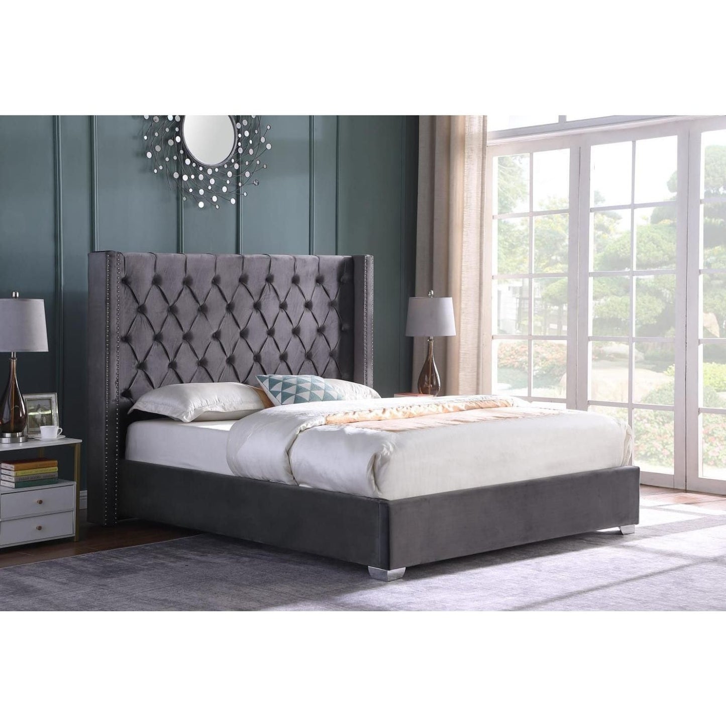 Peralta Platform Bed, Grey Velvet - King