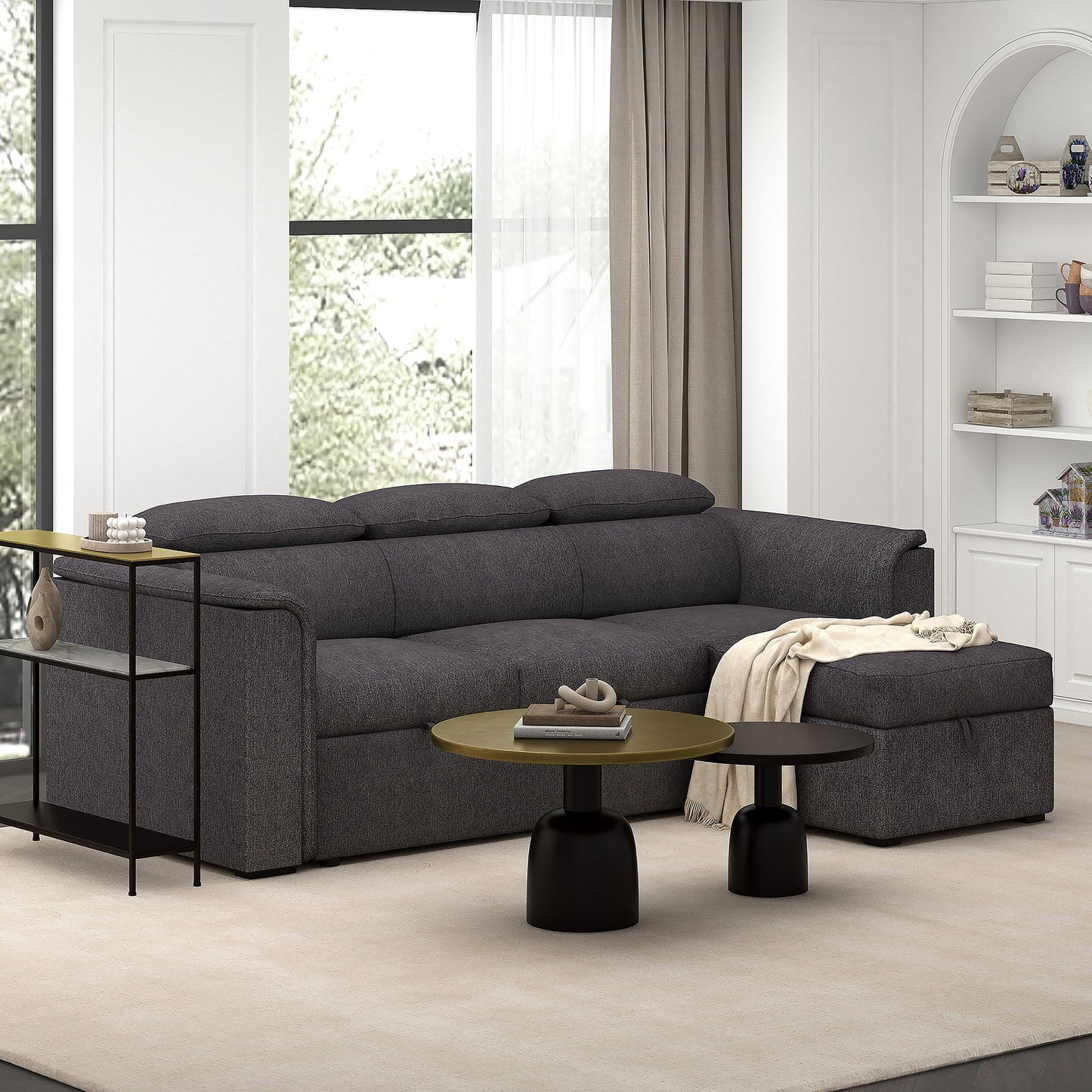 Oskar 93.5" Sectional Sofa w/Bed & Storage in Charcoal