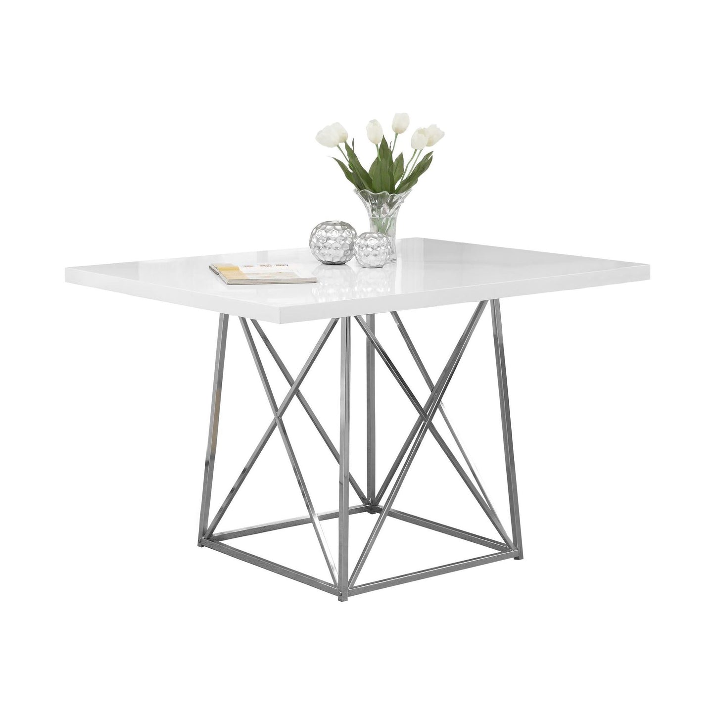 Dining Table - 36"X 48" / White Glossy / Chrome Metal