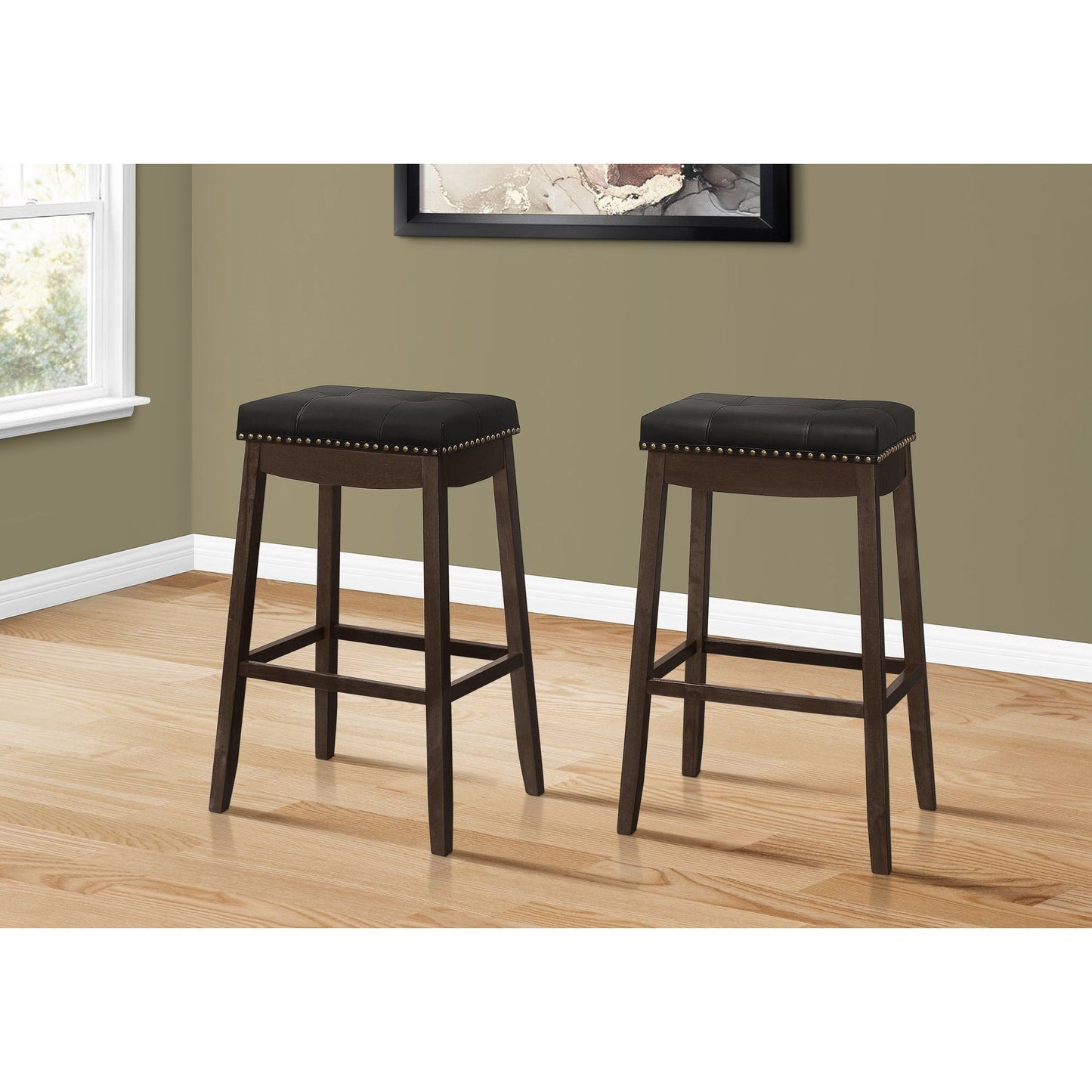 Barstool - 2PC / 29"H / Black Leather-Look / Espresso