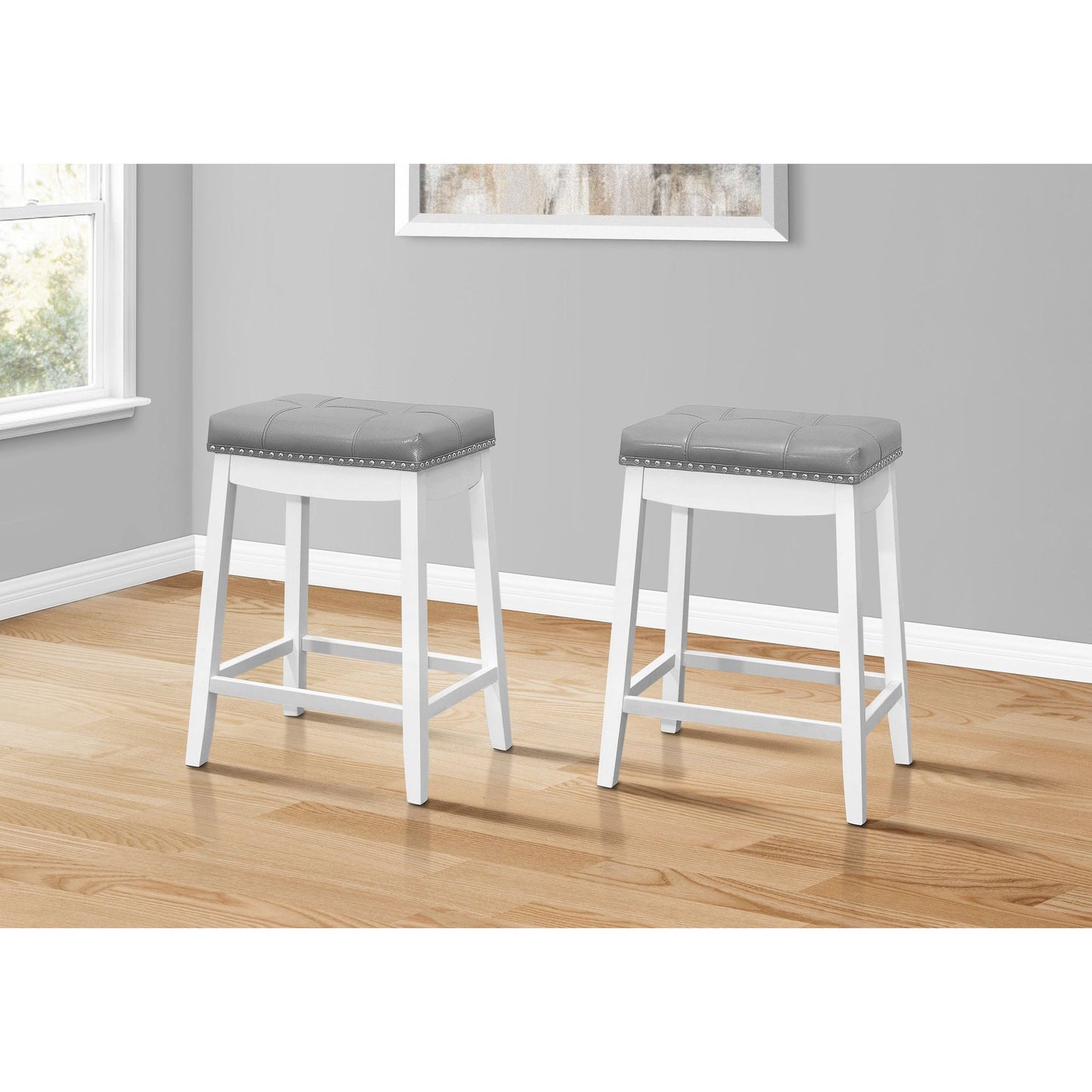 Barstool - 2PC / 24"H / Grey Leather-Look / White