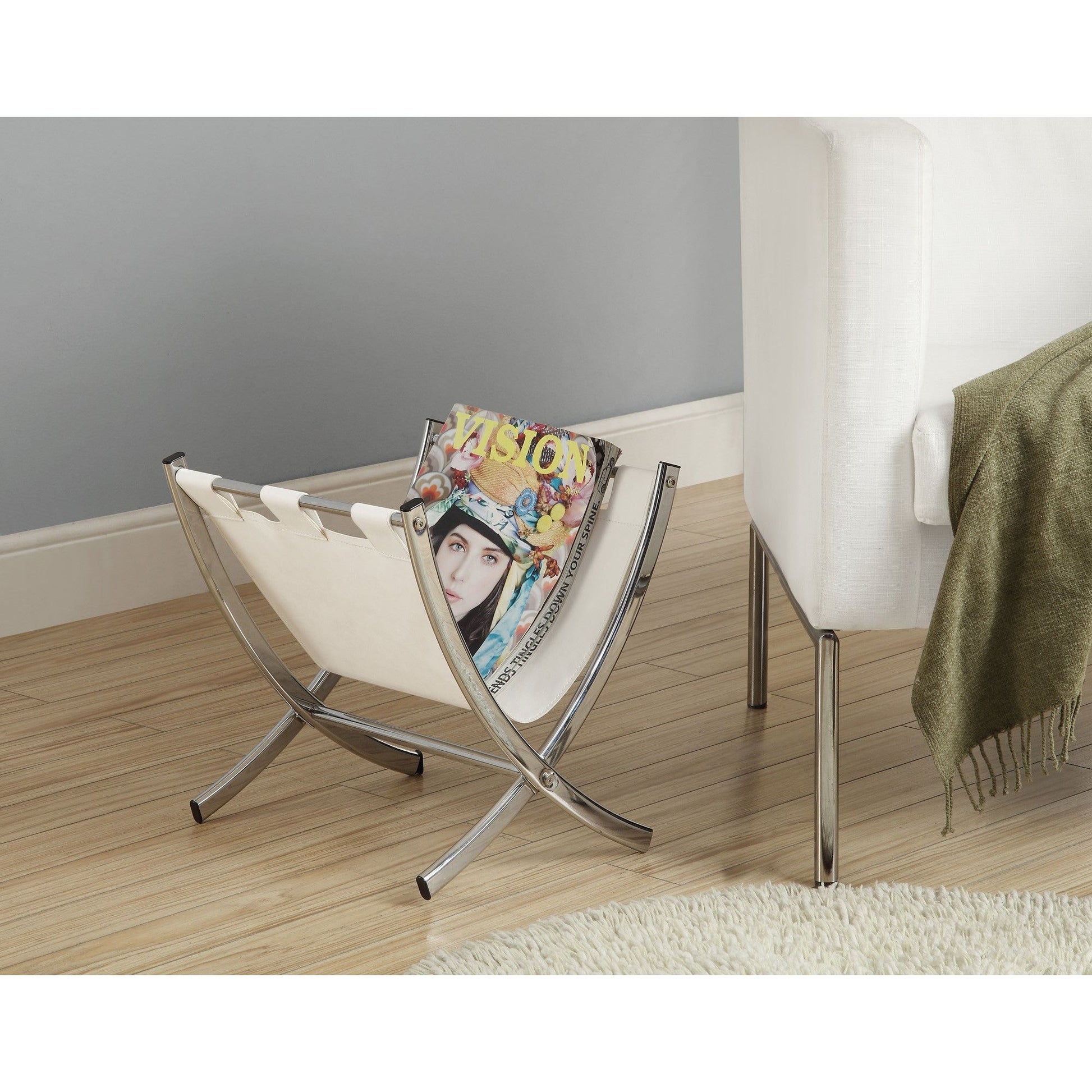 Candace & Basil Magazine Rack - White Leather-Look / Chrome Metal