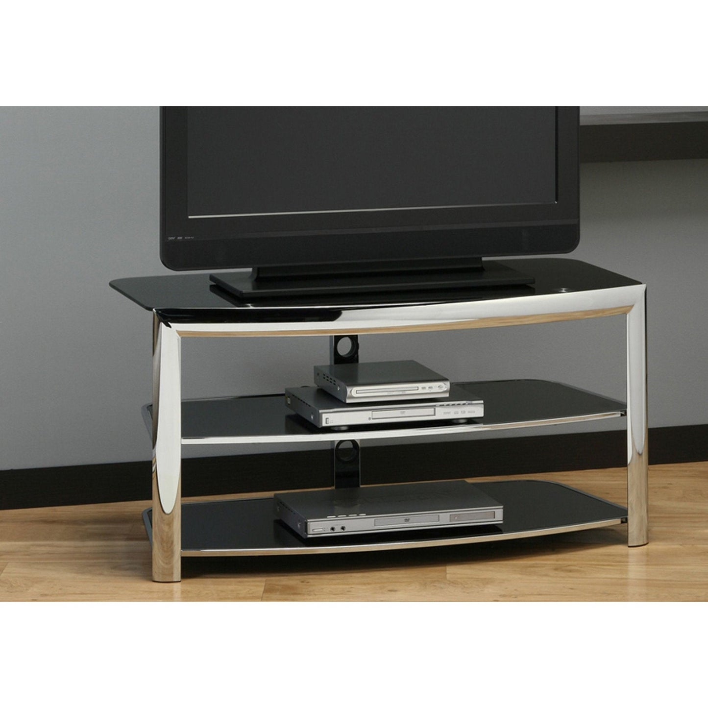 Tv Stand - Chrome Metal / Black Tempered Glass