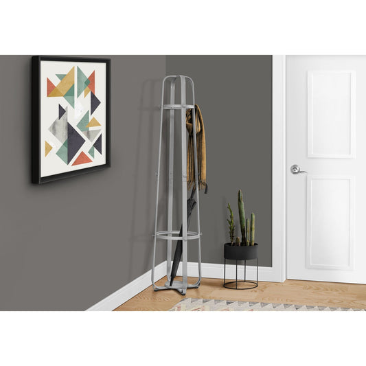 Coat Rack - 72"H / Silver Metal With An Umbrella Holder