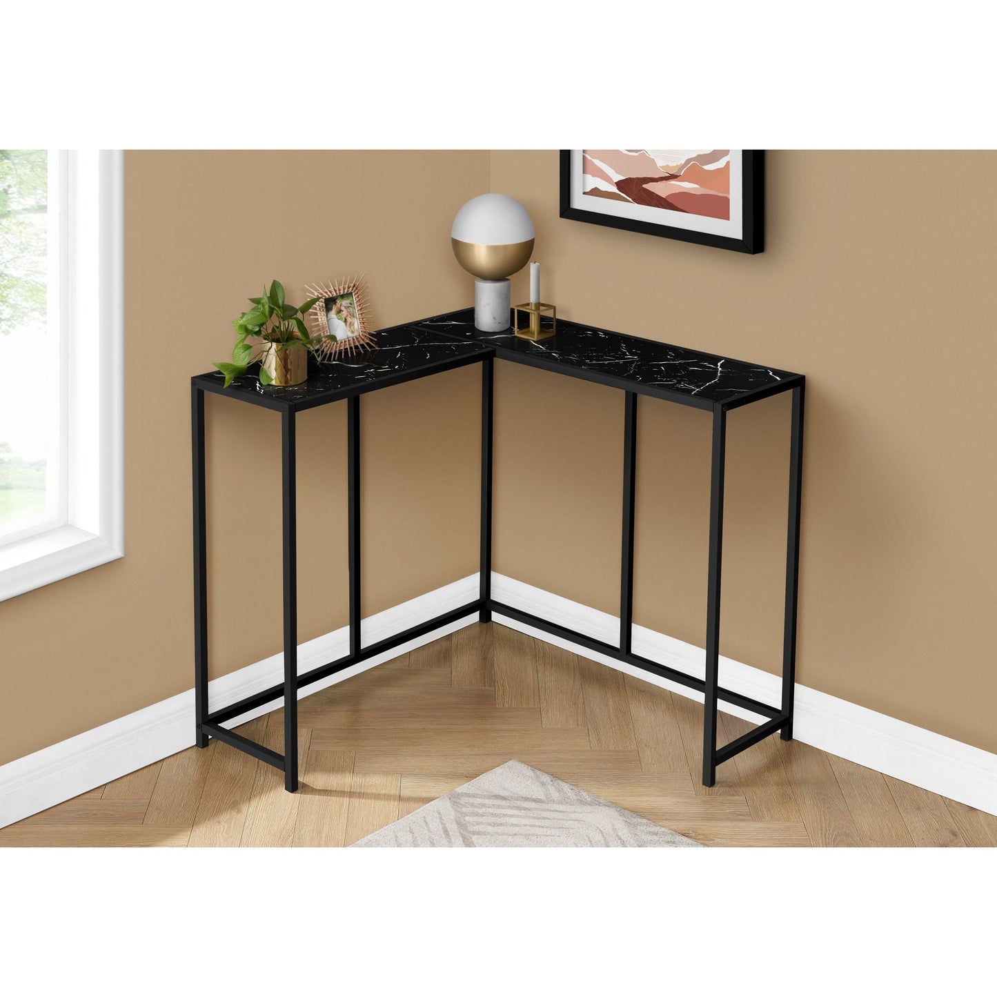 Accent Table - 36"L / Black Marble / Black Corner Console