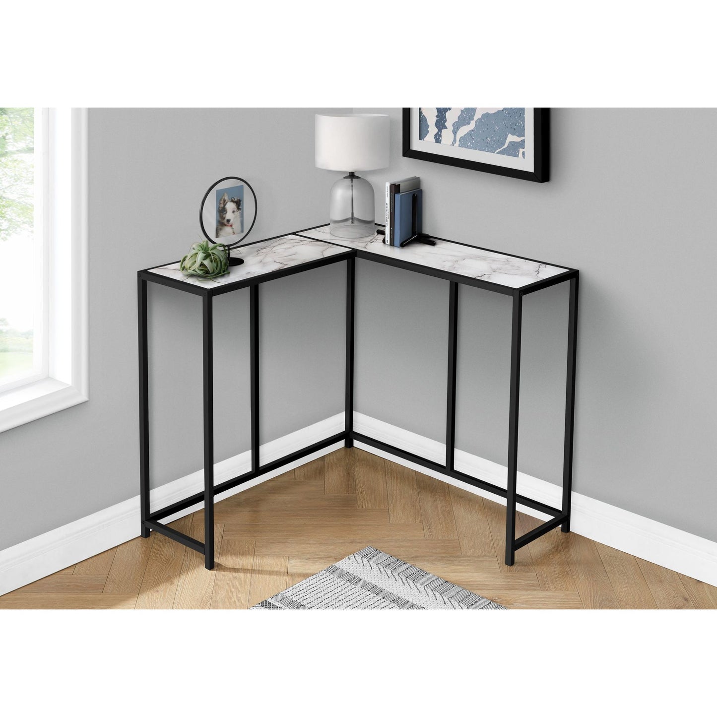 Accent Table - 36"L / White Marble / Black Corner Console