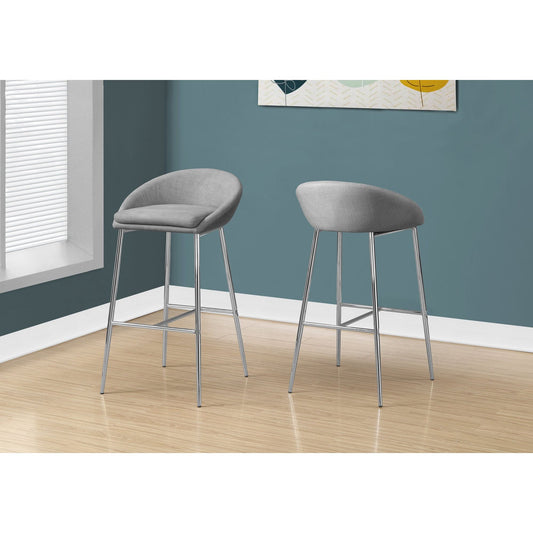 Barstool - 2Pcs / Grey Fabric / Chrome Base / Bar Height