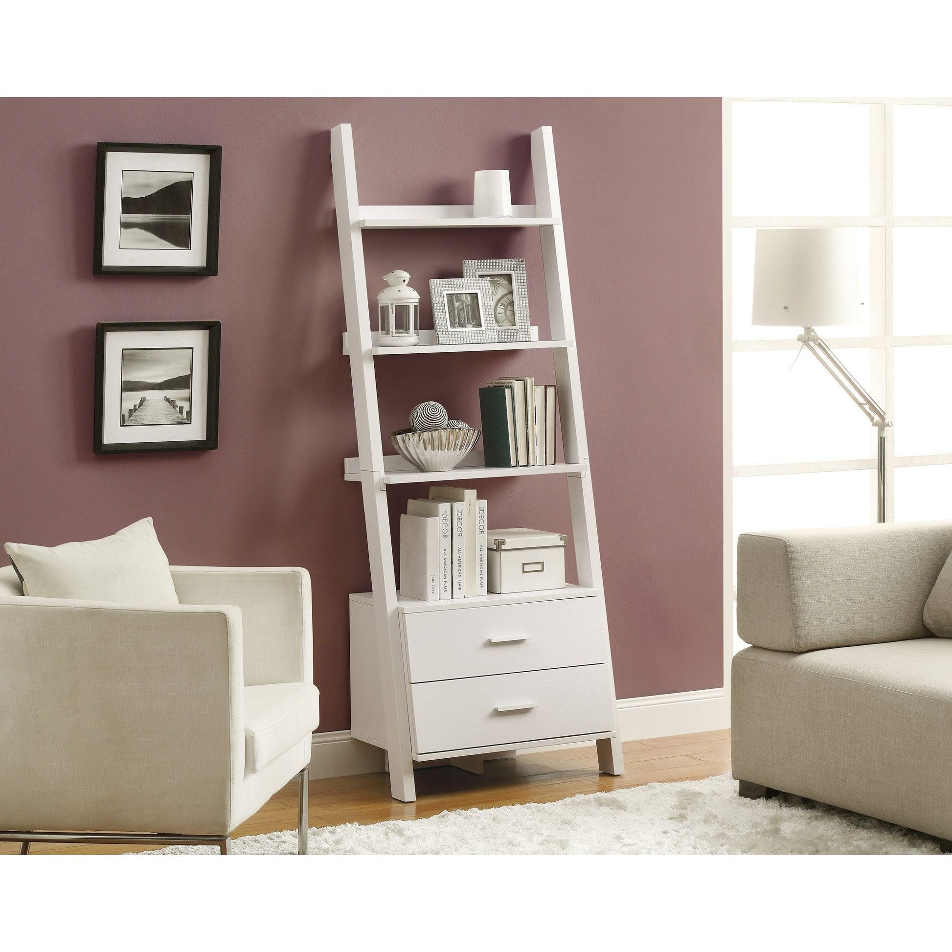 Candace & Basil Bookcase - 69"H / White Ladder With 2 Storage Drawers