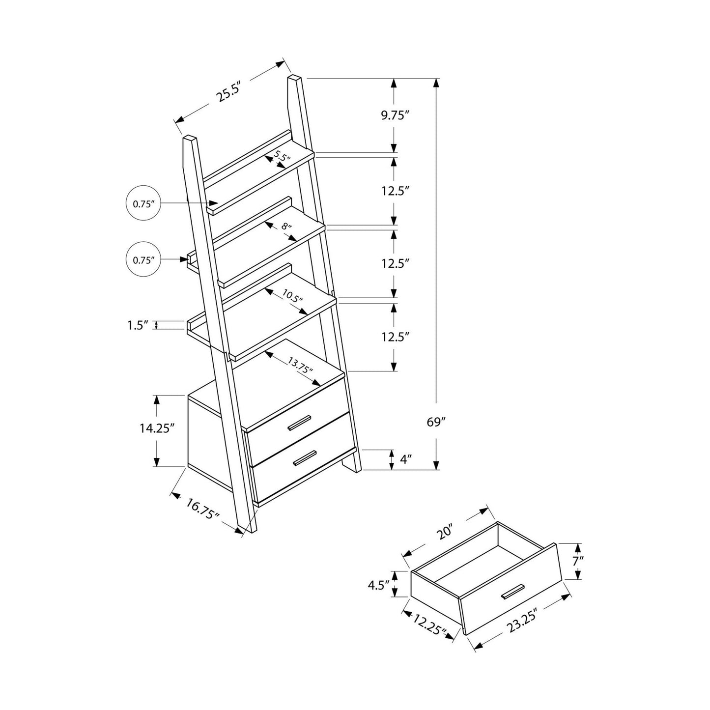 Bookcase - 69"H / White Ladder With 2 Storage Drawers