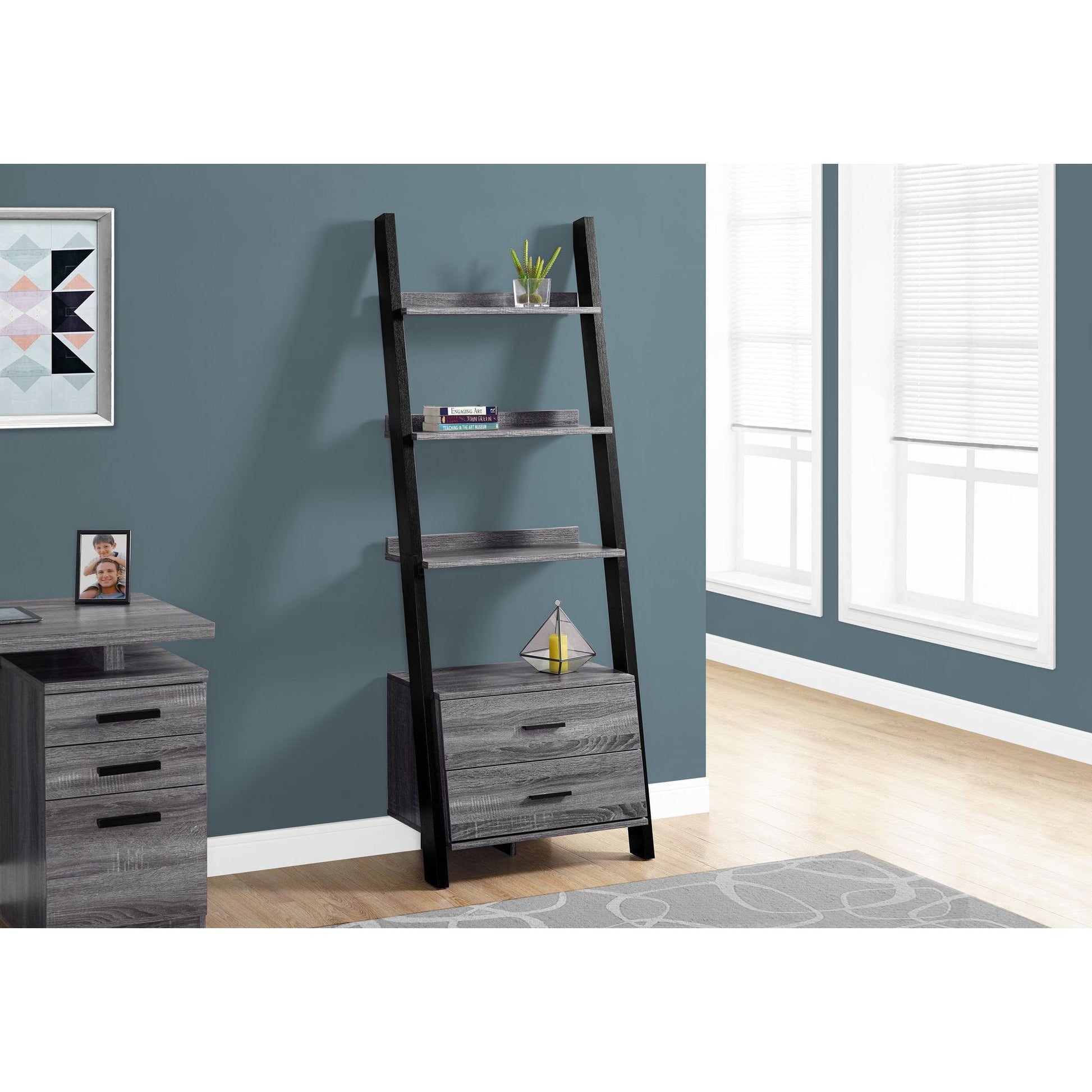 Candace & Basil Bookcase - 69"H / Grey-Black Ladder With 2 Storage Drawer