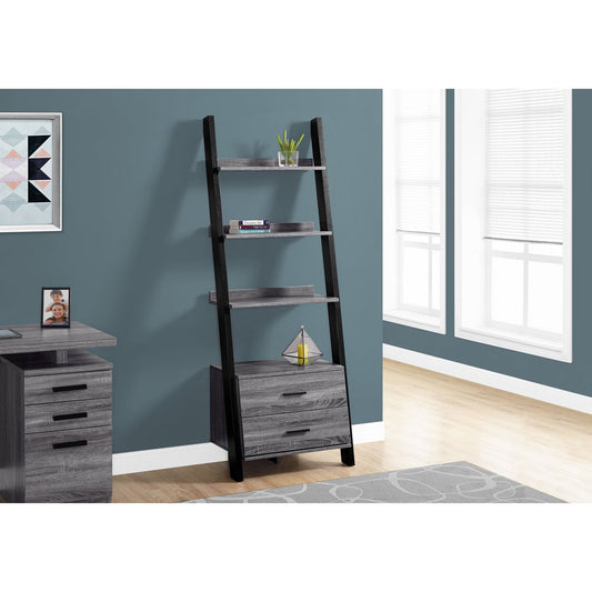 Candace & Basil Bookcase - 69"H / Grey-Black Ladder With 2 Storage Drawer