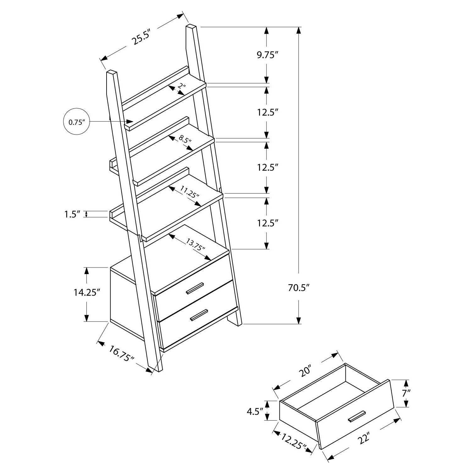 Bookcase - 69"H / Grey-Black Ladder With 2 Storage Drawer