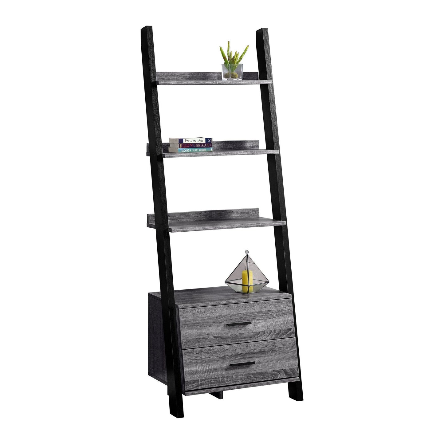 Bookcase - 69"H / Grey-Black Ladder With 2 Storage Drawer