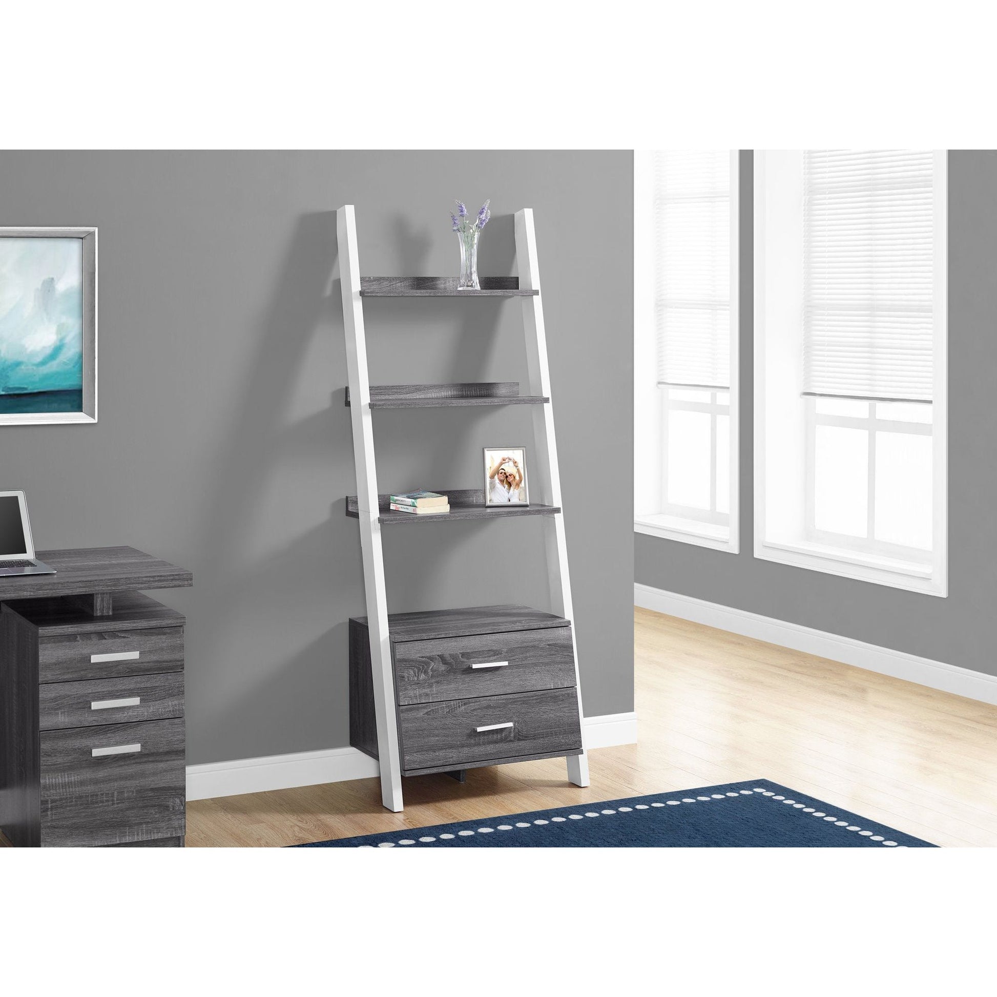 Candace & Basil Bookcase - 69"H / Grey-White Ladder With 2 Storage Drawer