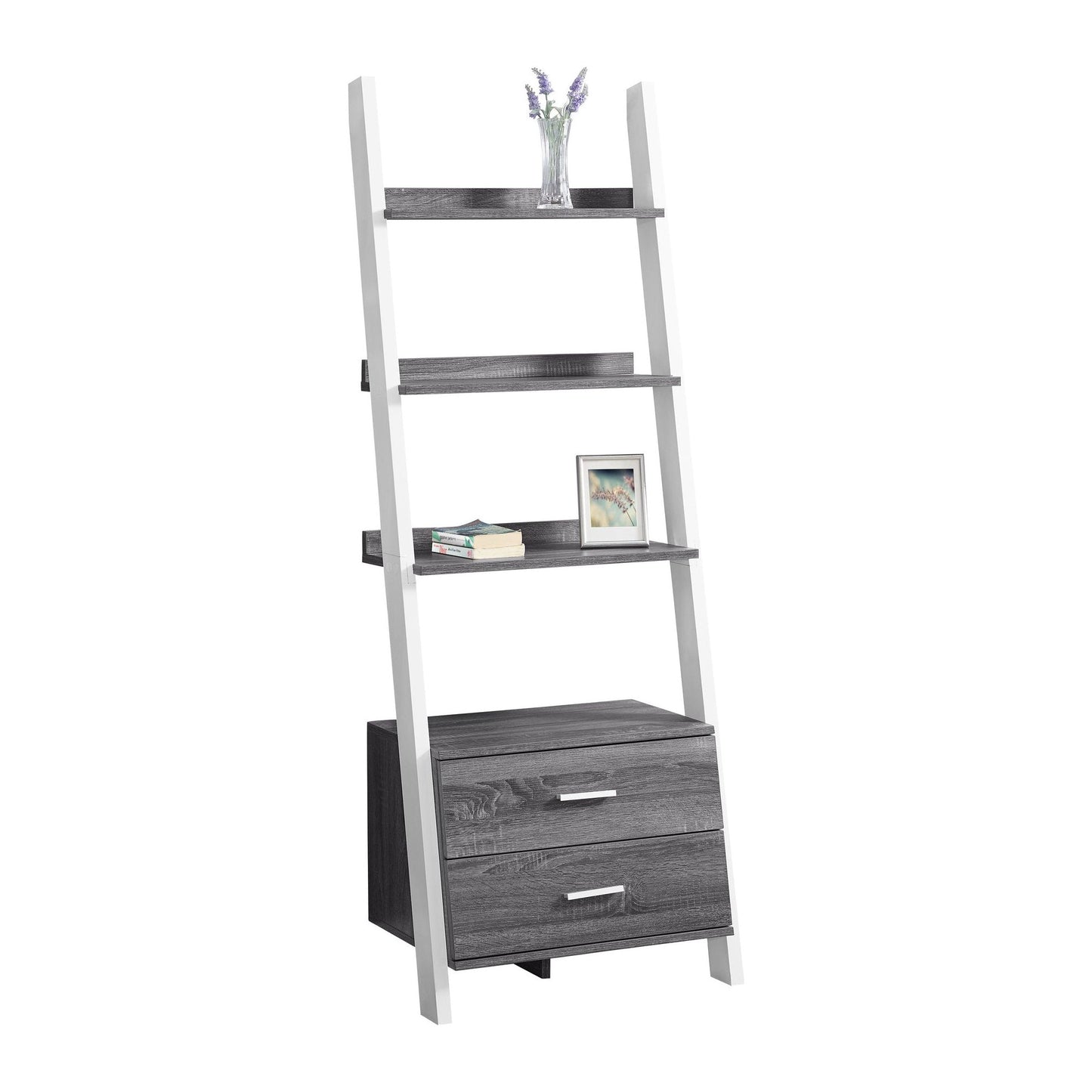 Bookcase - 69"H / Grey-White Ladder With 2 Storage Drawer