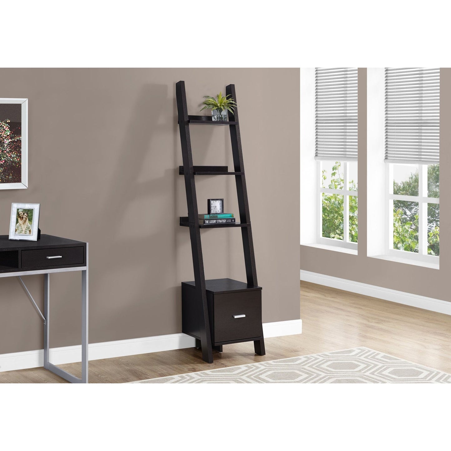 Bookcase - 69"H / Cappuccino Ladder W/ Storage Drawer