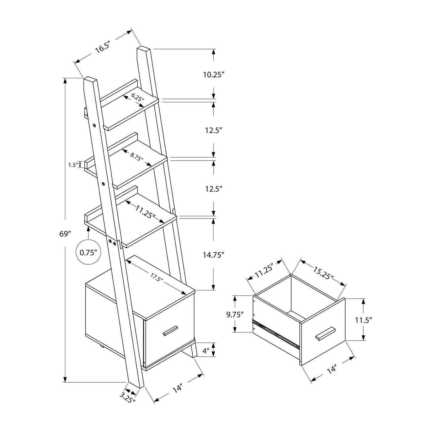 Bookcase - 69"H / Dark Taupe Ladder W/ Storage Drawer