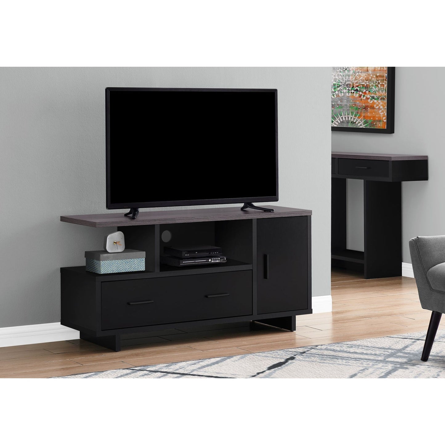 Tv Stand - 48"L / Black / Grey Top With Storage