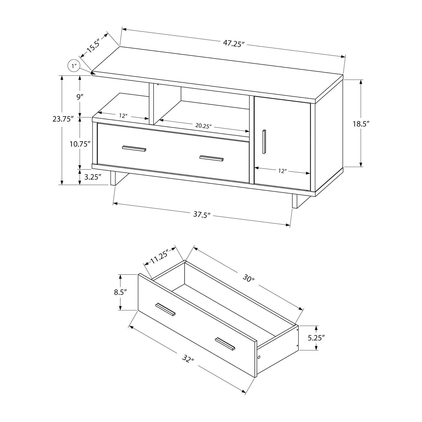 Tv Stand - 48"L / Black / Grey Top With Storage