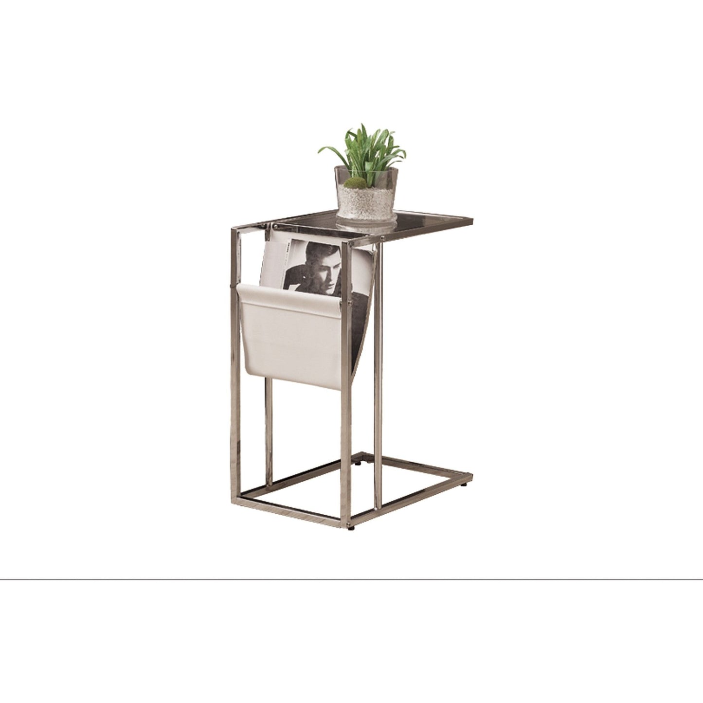 Snack Table - White / Chrome Metal With A Magazine Rack