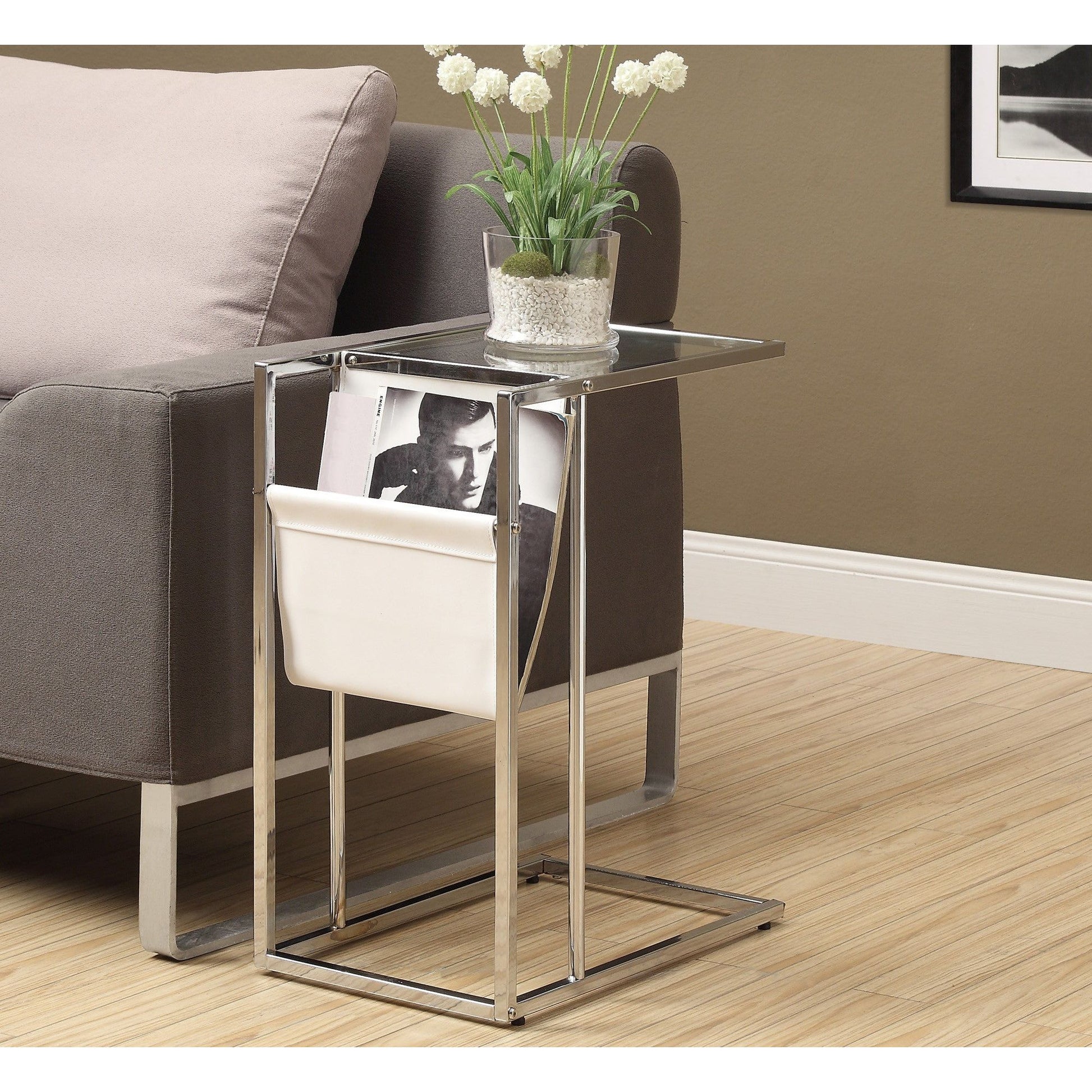 Candace & Basil Snack Table - White / Chrome Metal With A Magazine Rack