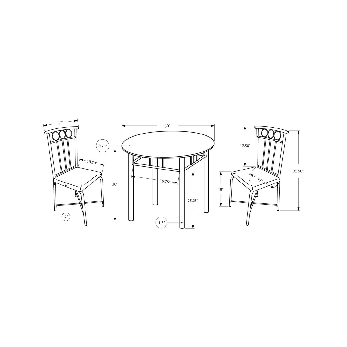 Dining Set - 3PC Set / Cappuccino Marble / Bronze Metal