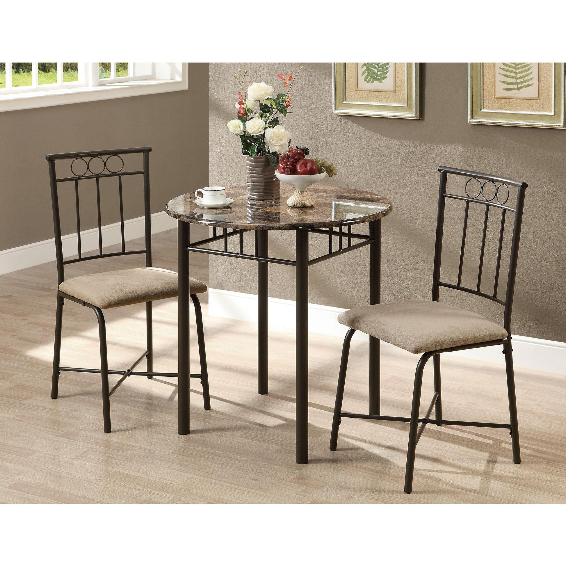 Candace & Basil Dining Set - 3PC Set / Cappuccino Marble / Bronze Metal