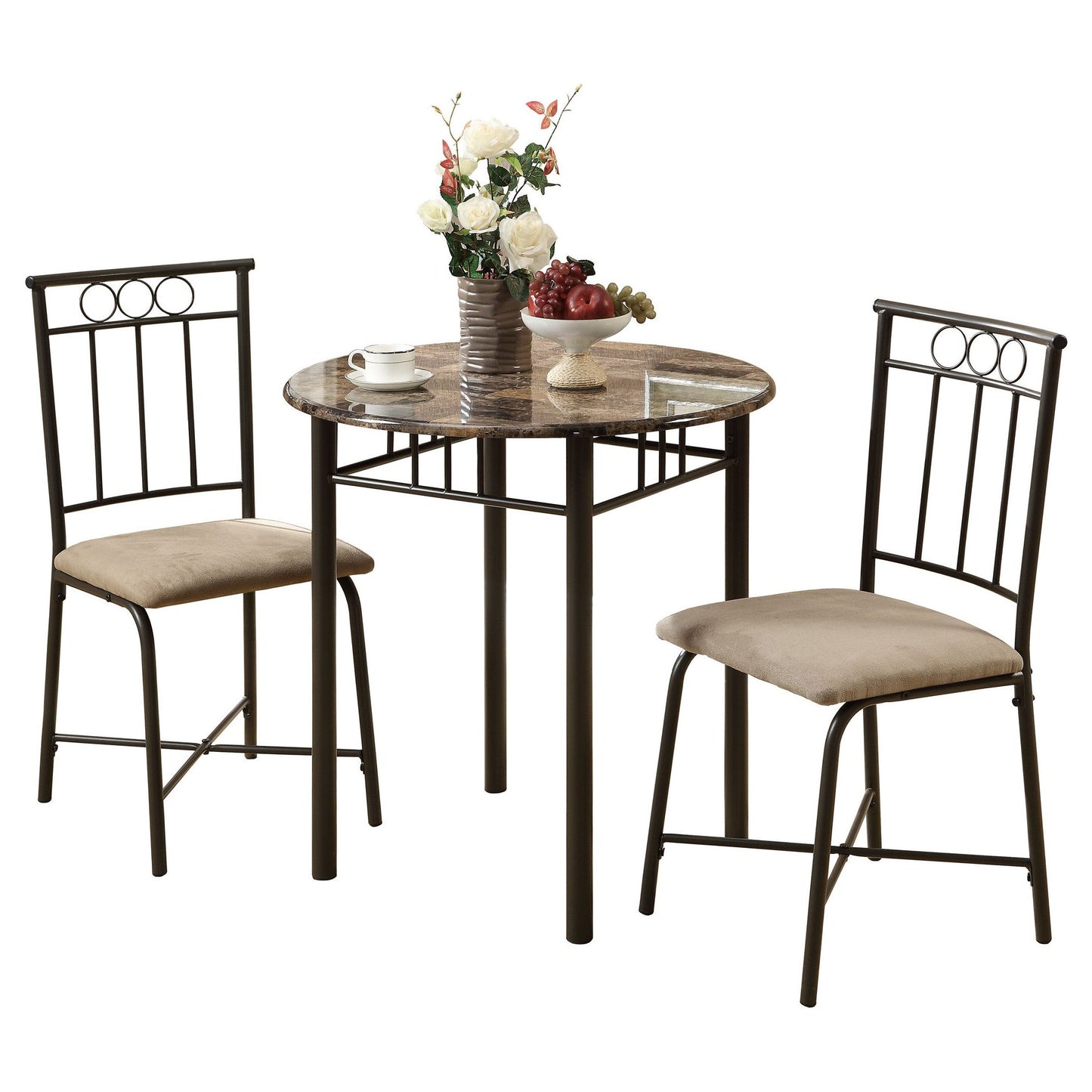 Dining Set - 3PC Set / Cappuccino Marble / Bronze Metal