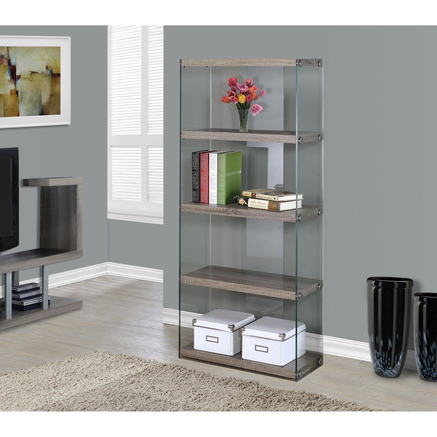 Candace & Basil Bookcase - 60"H / Dark Taupe With Tempered Glass