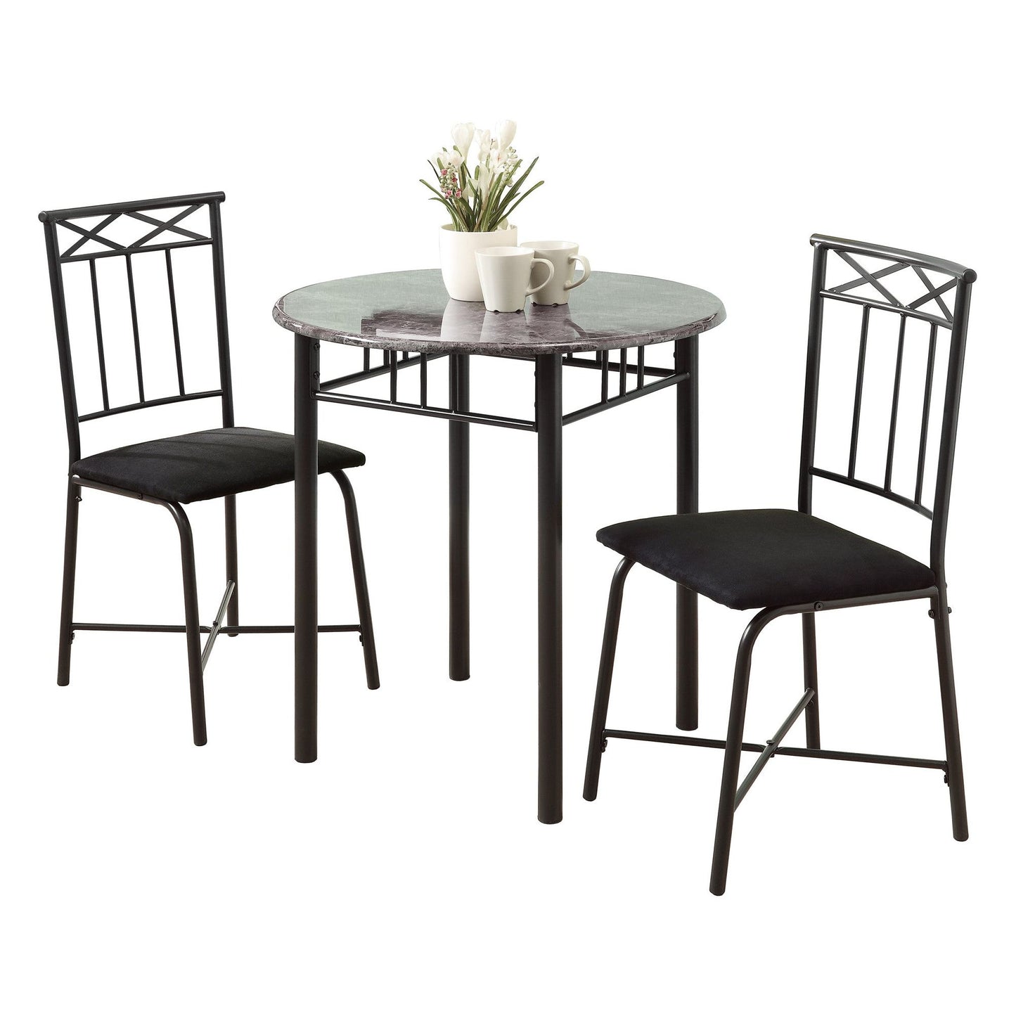 Dining Set - 3PC Set / Grey Marble / Charcoal Metal