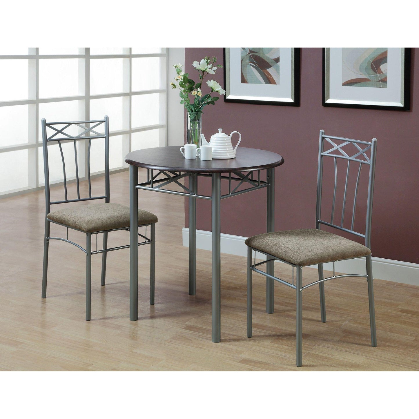 Candace & Basil Dining Set - 3PC Set / Cappuccino / Silver Metal