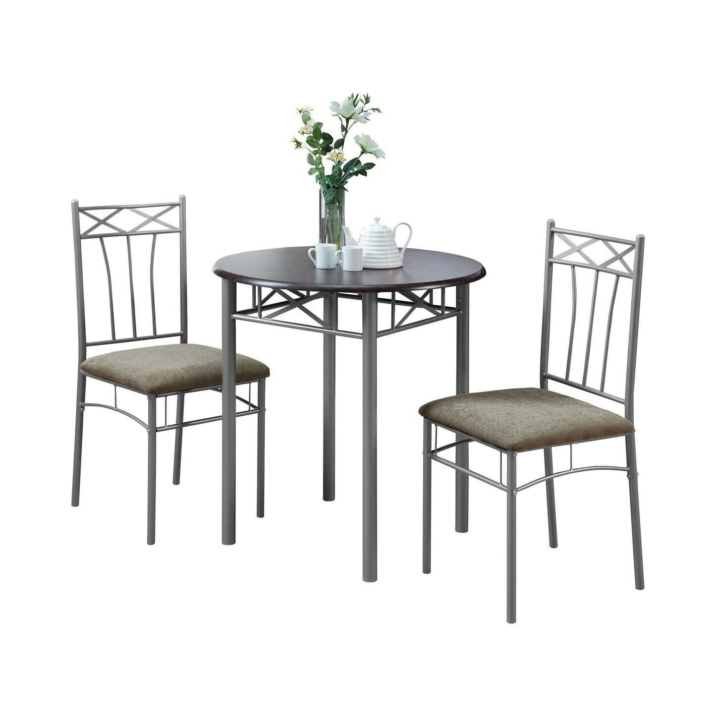 Dining Set - 3PC Set / Cappuccino / Silver Metal