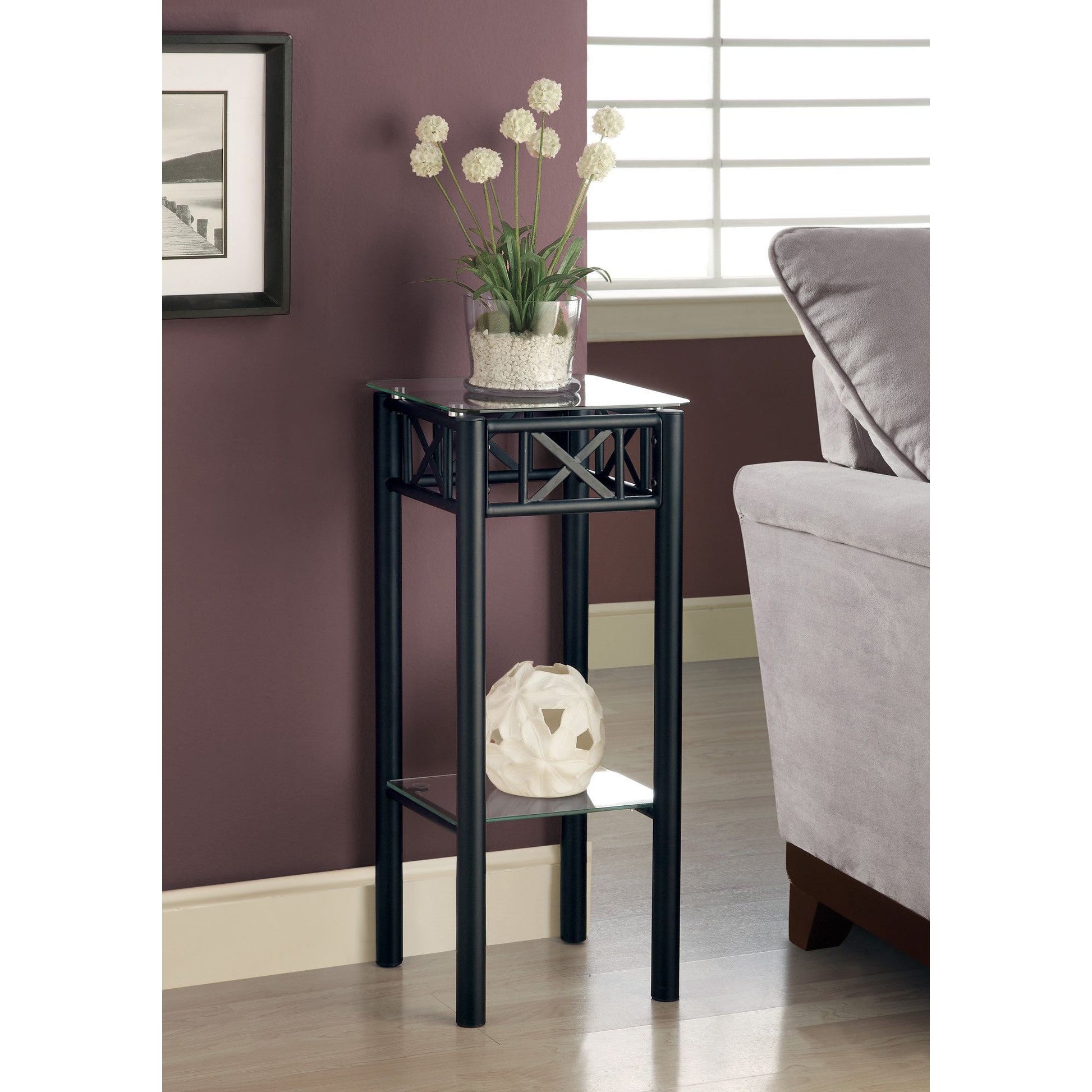 Candace & Basil Plant Table - Black Metal With Tempered Glass