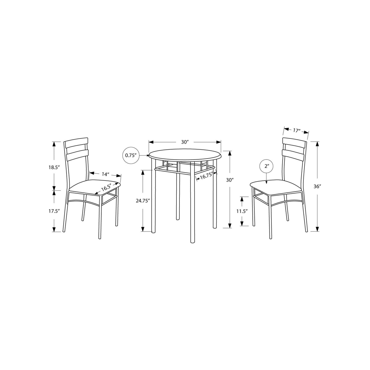 Dining Set - 3PC Set / Black / Silver Metal