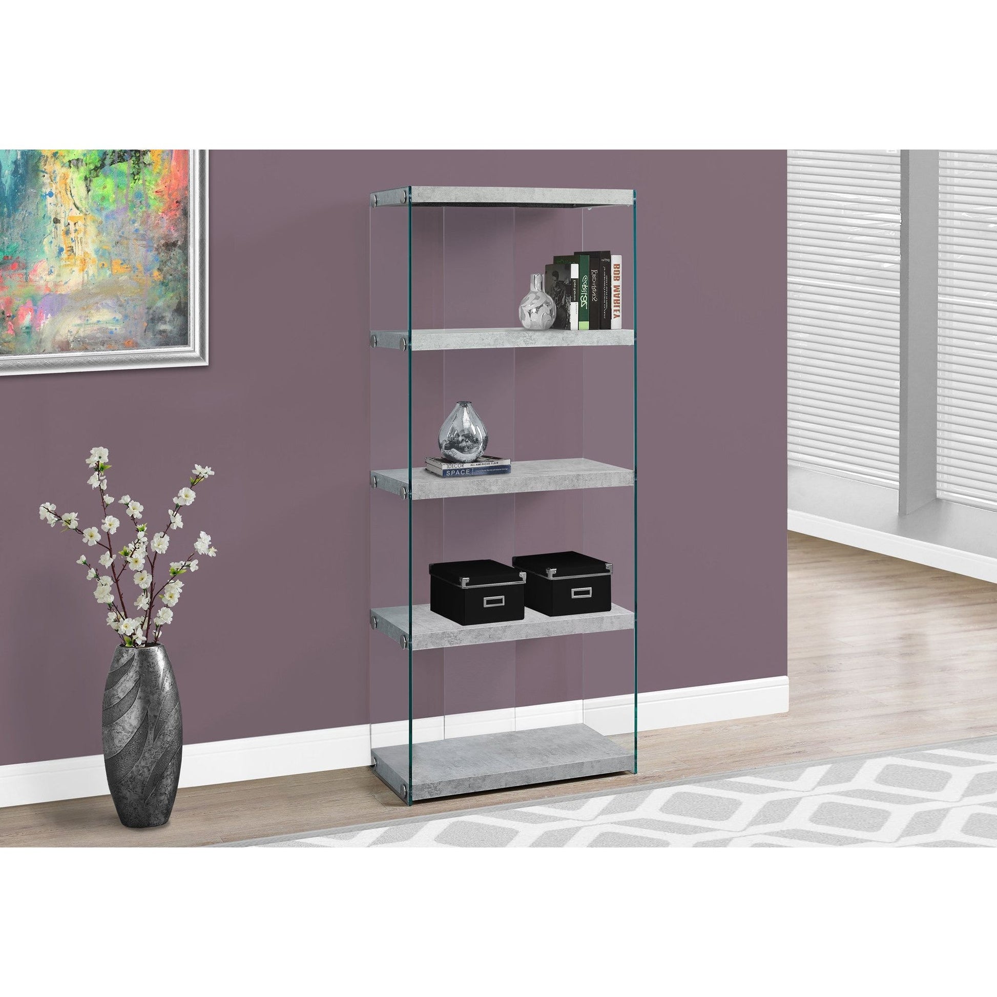 Candace & Basil Bookcase - 60"H / Grey Cement With Tempered Glass