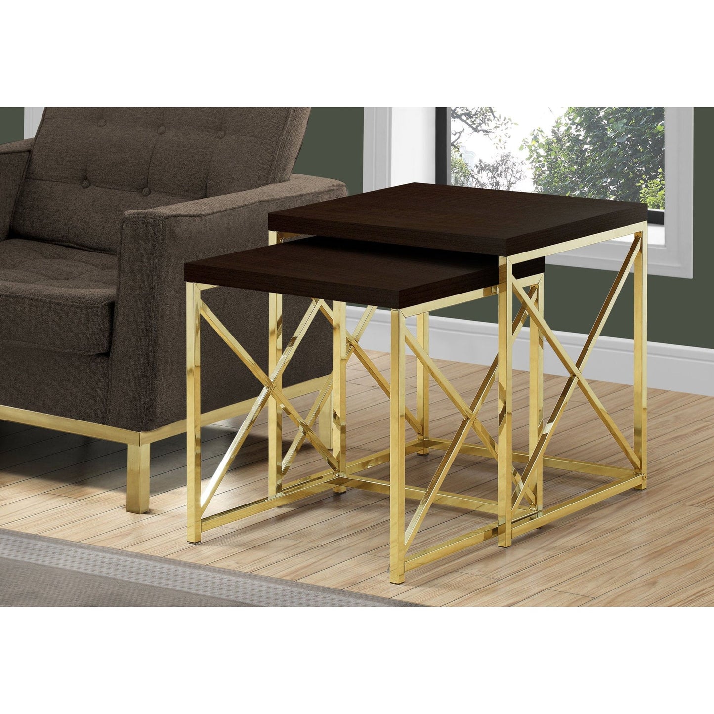 Nesting Table - 2Pcs Set / Cappuccino / Gold Metal