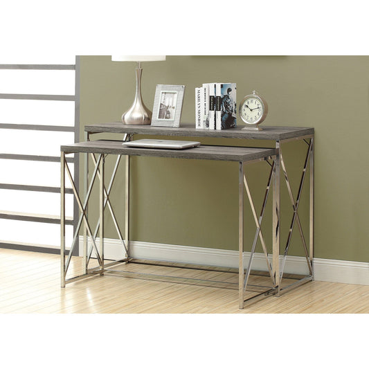 Accent Table - 46"L / 2Pcs Set / Dark Taupe/ Chrome Metal