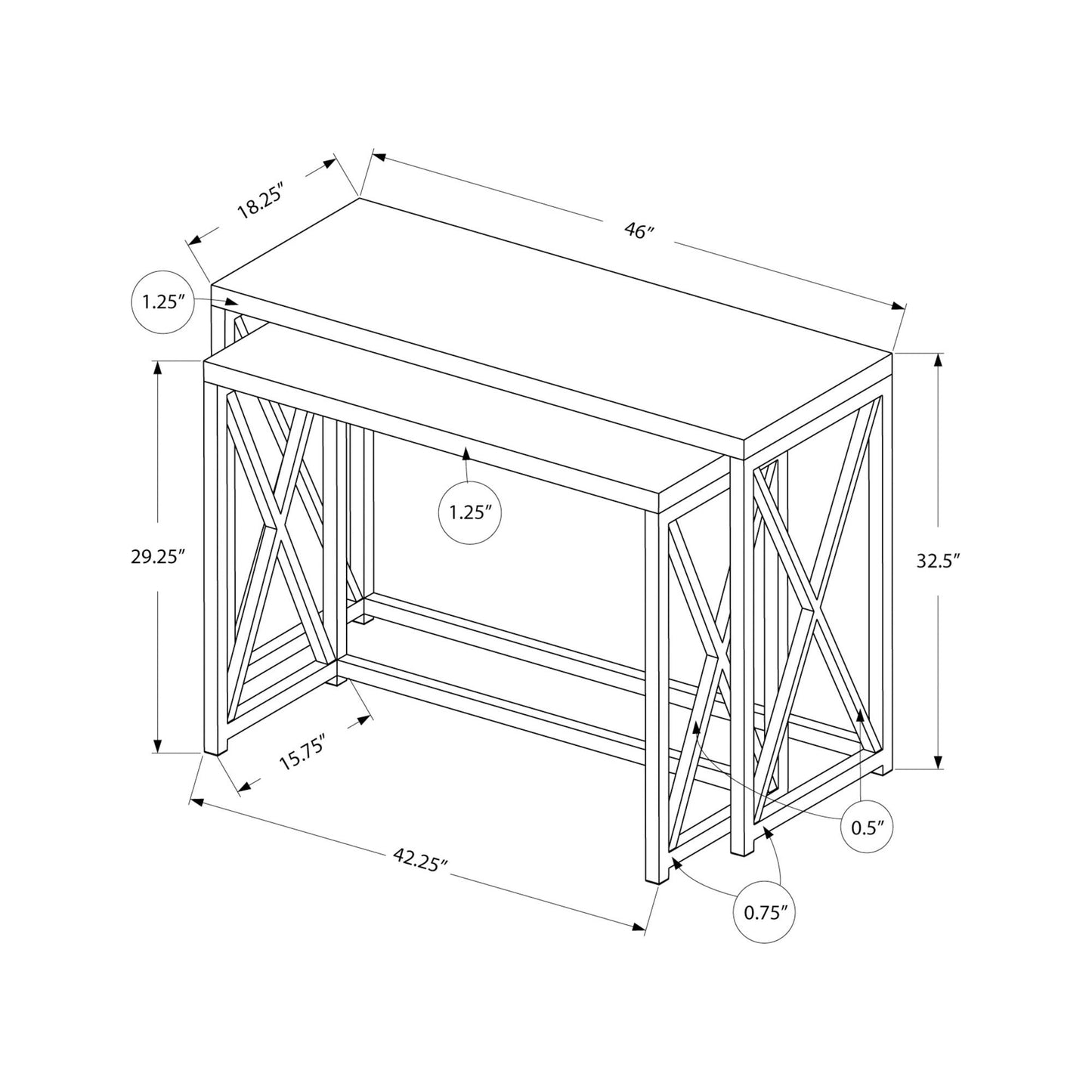 Accent Table - 46"L / 2Pcs Set / Dark Taupe/ Chrome Metal