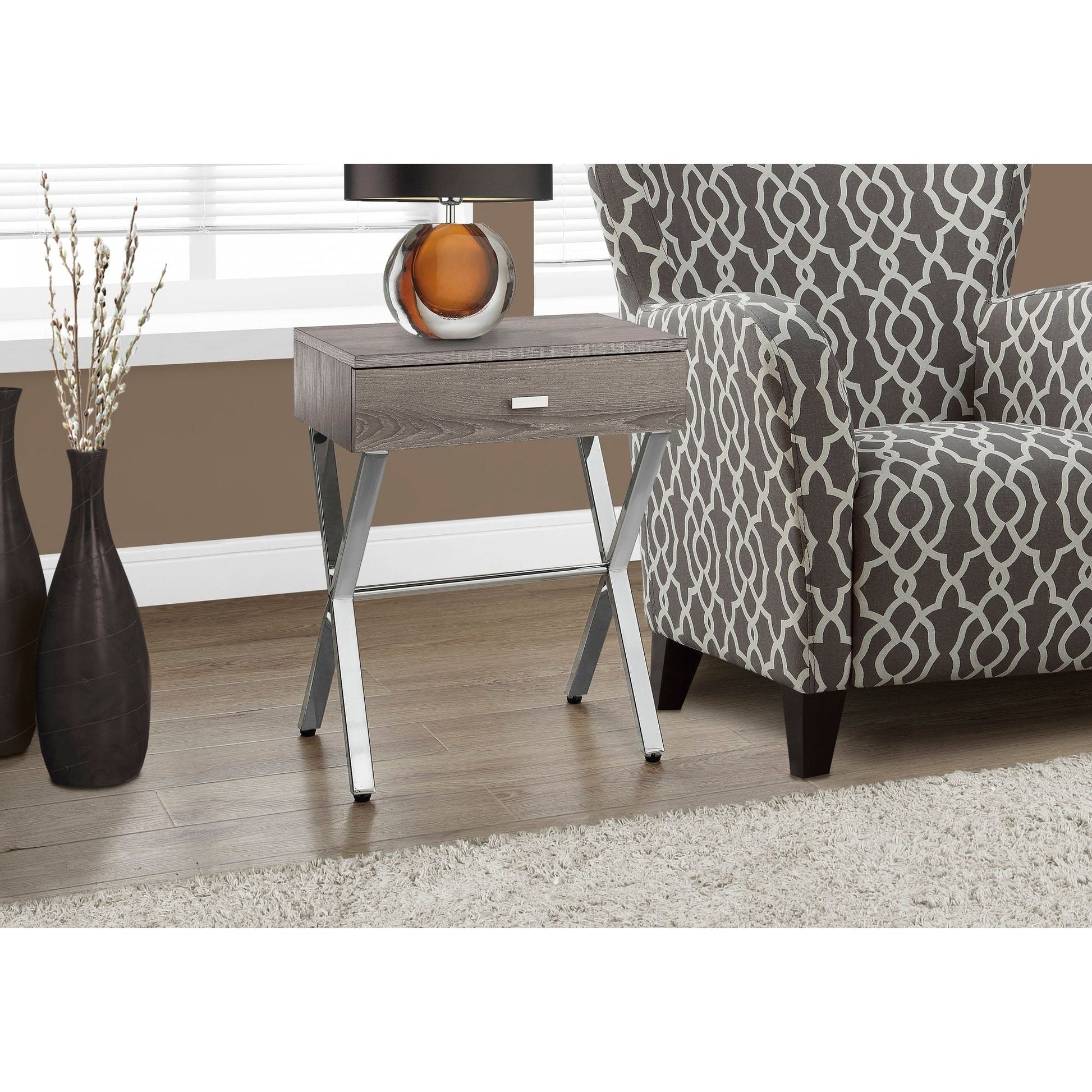 Candace & Basil Accent Table - Dark Taupe / Chrome Metal Night Stand